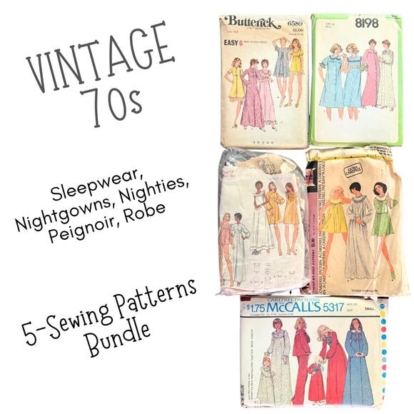 5-Piece Vintage 70s Sewing Pattern Bundle Sleepwear Peignoir Nightgown Robe - Picture 1 of 10